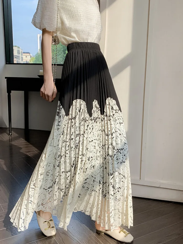 SMTHMA High-Quality Women A-Line Elastic High Waist Lace Patchwork Pleated Skirt 2024 Spring Summer Korean Fashion Long Skirt