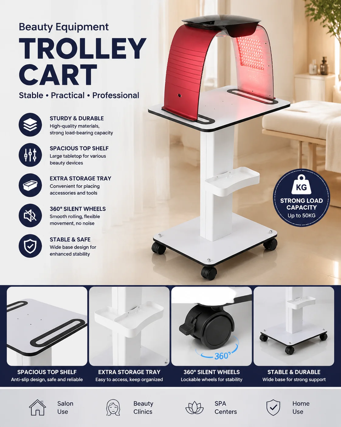 Beauty Salon Equipment Trolley Cart Rolling Stand with Wheels Adjustable Beauty Machine Holder Spa Equipment Storage Cart for Es