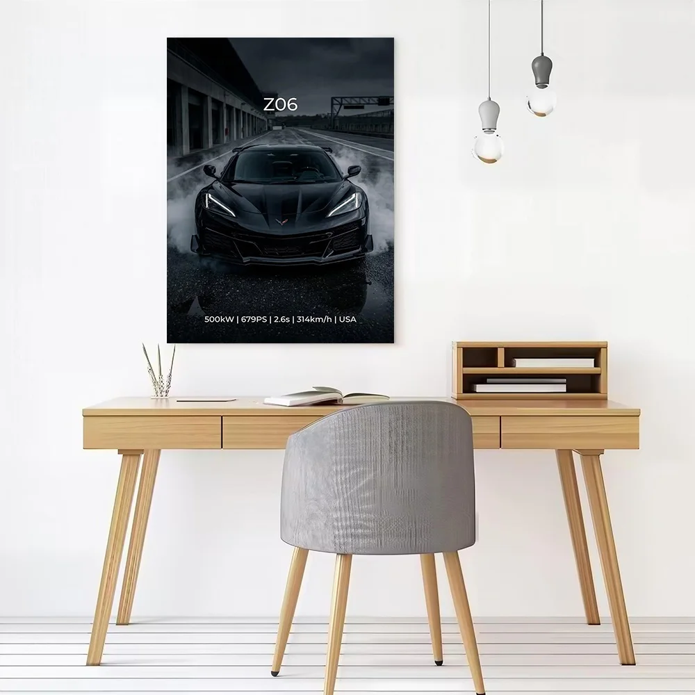 Black Corvette Z06 on Racetrack Poster Canvas Wall Art Personalized Print Modern Painting Perfect Gift for Man's Room Decoration