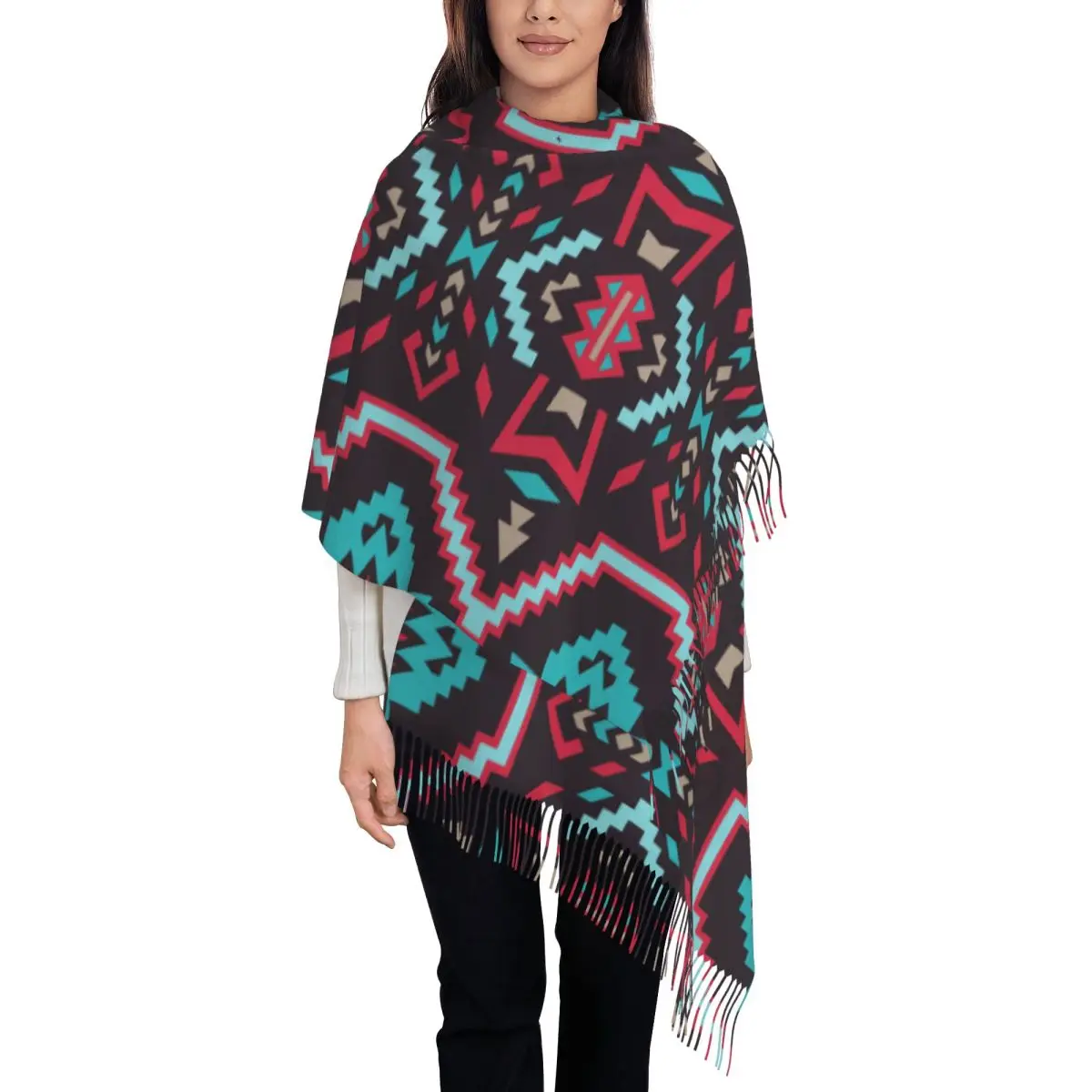 Native Southwest American Aztec Navajo Scarf Wrap for Women Long Winter Fall Warm Tassel Shawl Unisex Scarves