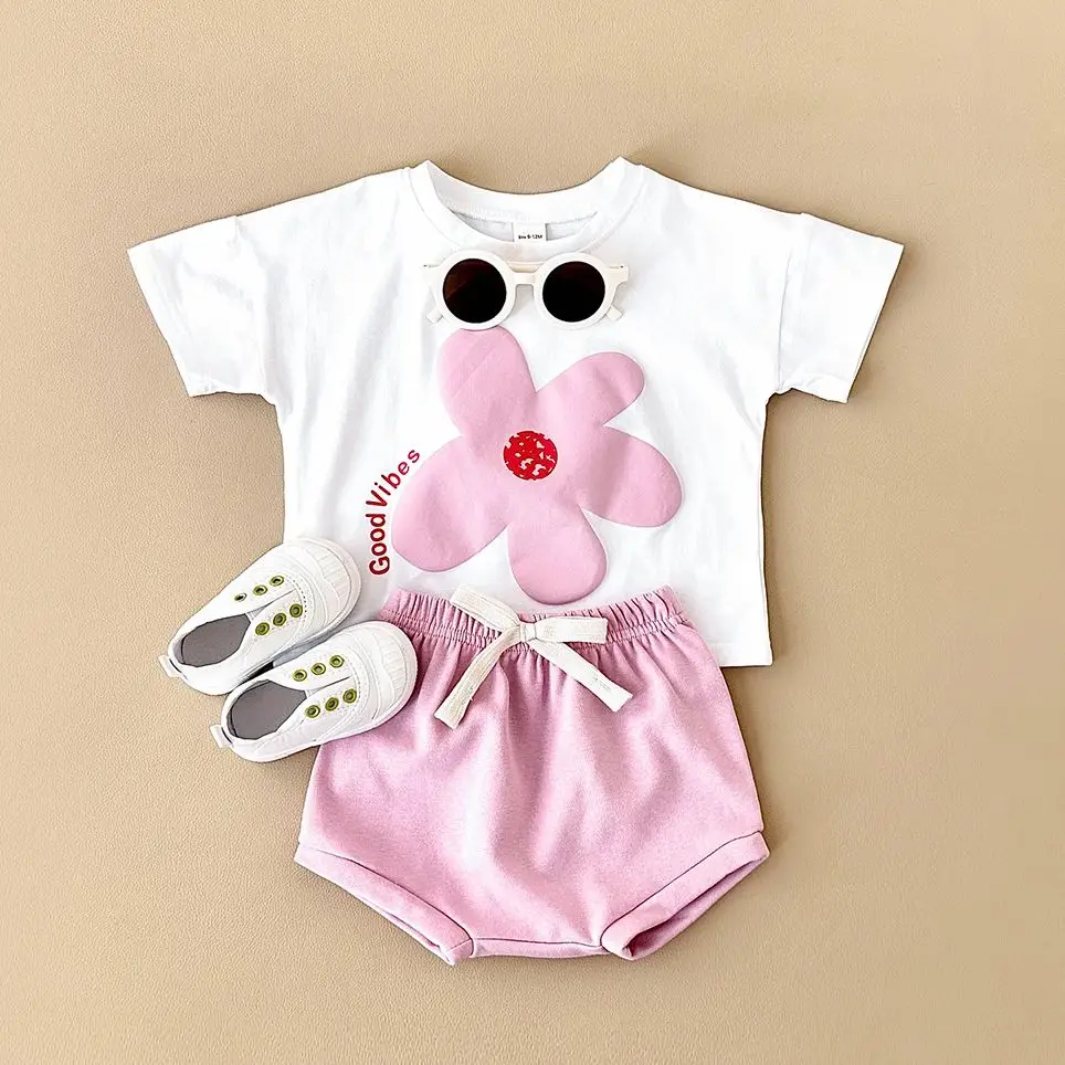 2024 Summer Baby Clothes Set Newborn Cotton Girl Suit Sun Flower Print Short Sleeved T-shirt+Beach Shorts Toddler Boys Outfit