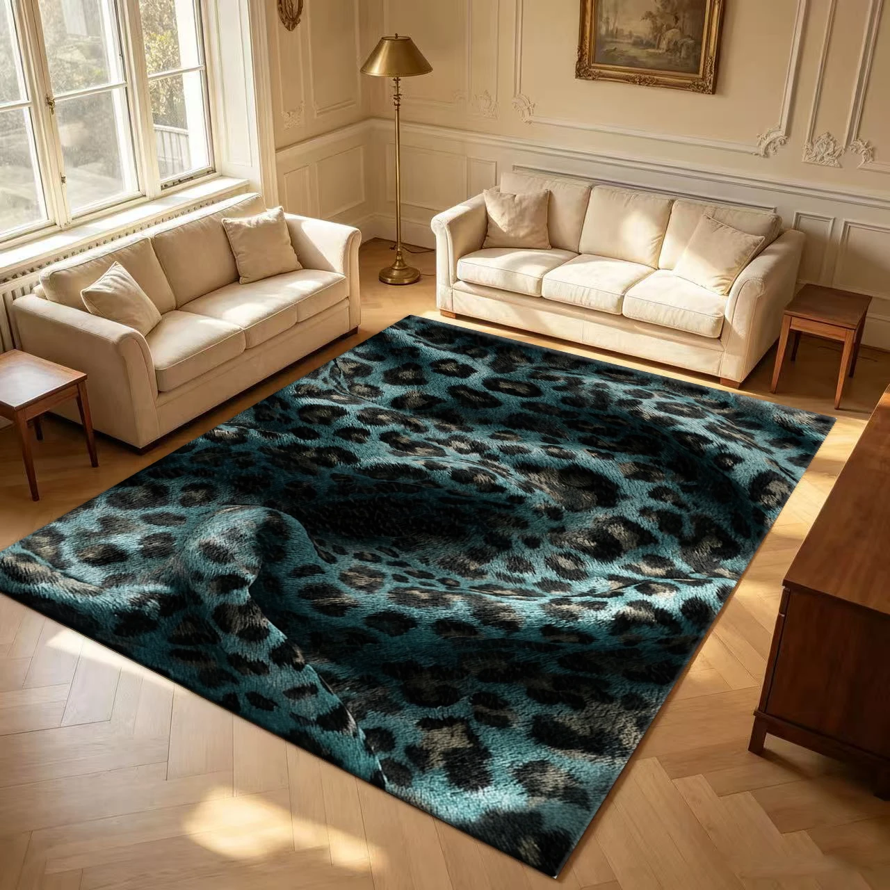 Blue Leopard Print Carpet with Fashionable Animal Patterns, Suitable for Living Room, Bedroom, and Interior Decoration