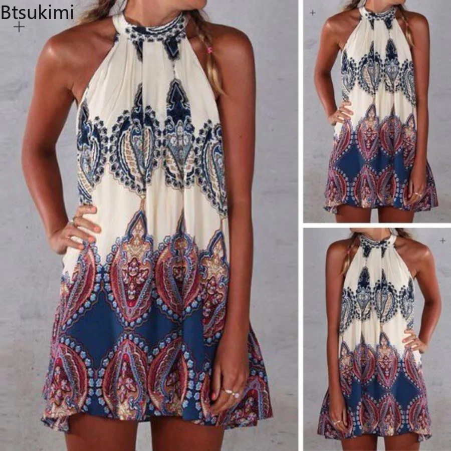 2025 New Summer Style Women Casual Sexy Loose Prining Neck-mounted Dress Ladie Fashion Sleeveless Boho Vestidos Beach Mini Dress