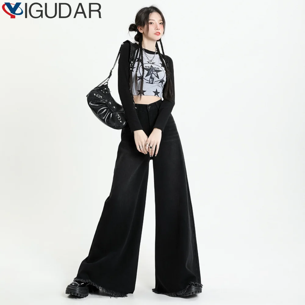 

Весенние прямые широкие джинсы, универсальные новые джинсы Y2K в стиле Харадзюку, черные уличные мешковатые женские брюки с высокой талией в стиле хип-хоп