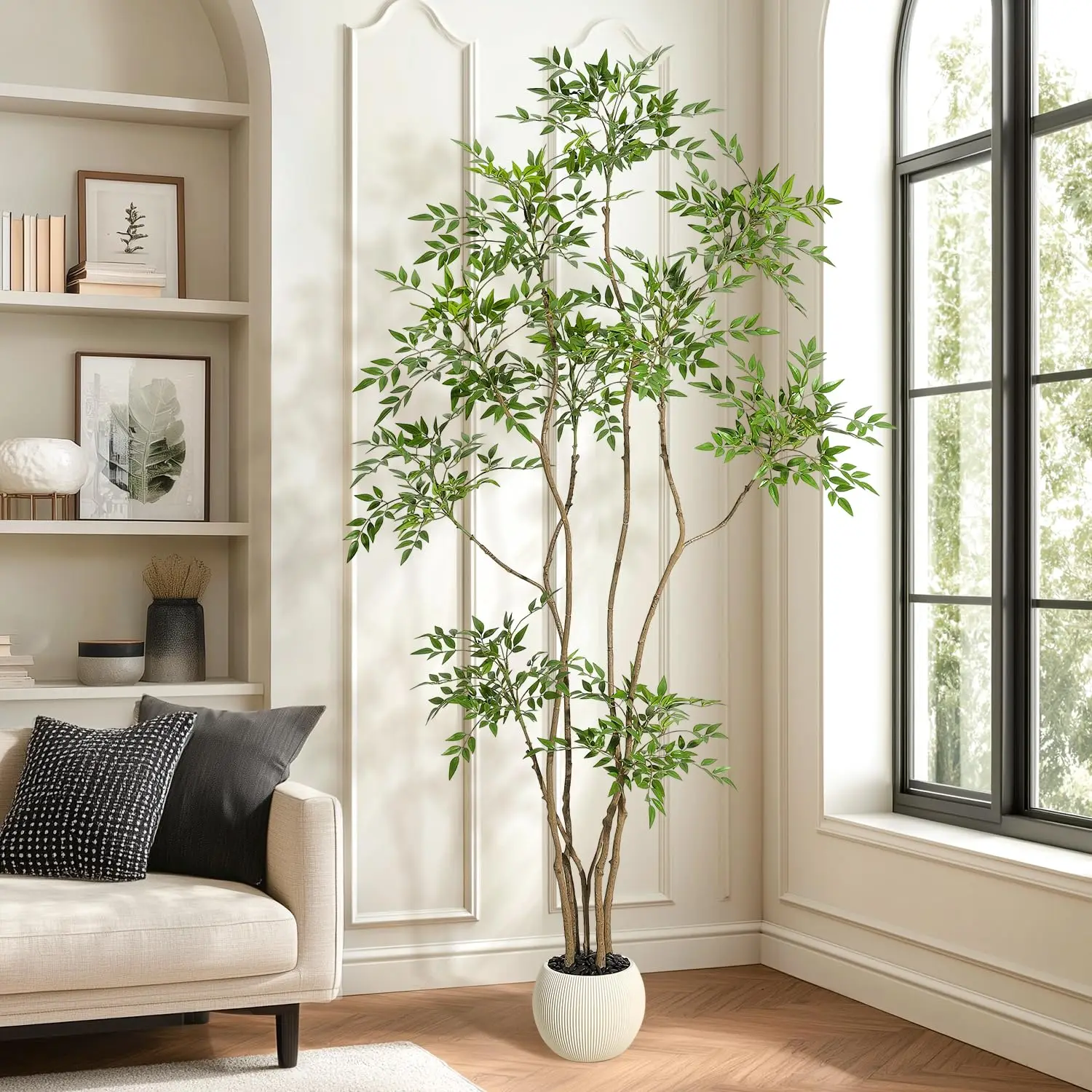 Albero artificiale realistico di Nandina in vaso, 150/180/210 cm, con fogliame verde rigoglioso, pianta decorativa finta da interno per soggiorno e ufficio