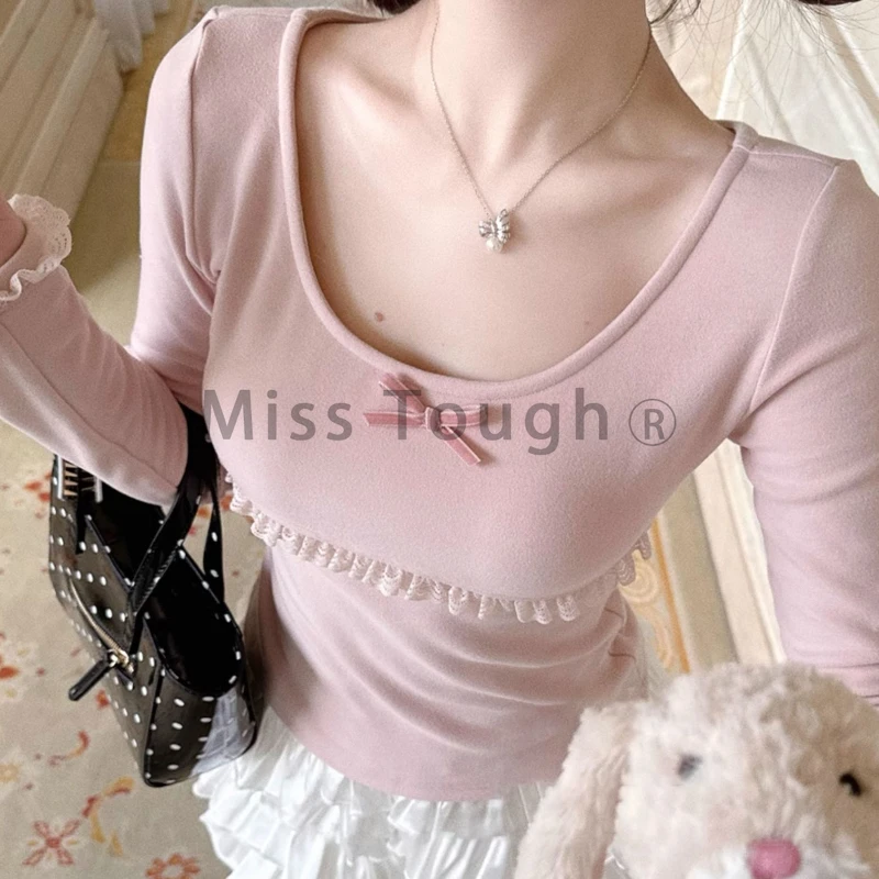 Autumn Winter New Sweet Pink Blouse Women Bow Crewneck Long Sleeve Underneath Base Layer Tops Japanese Kawaii Slim Clothes 2025