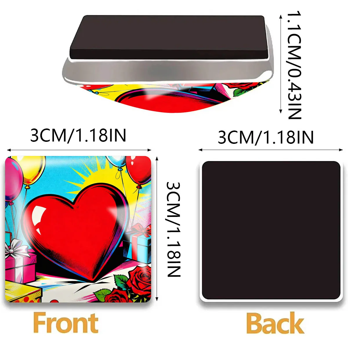 1PC 30MM Square Pop Art Style Heart Glass Refrigerator Sticker Pop Art Style Heart Home Decoration Birthday Gift Party Gift