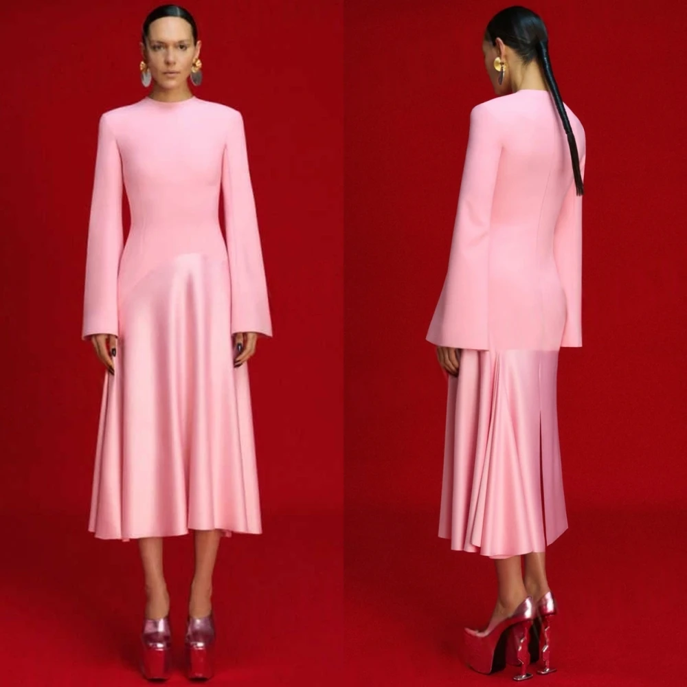 Customized Simple Pink Satin Evening Dress Classic O-Neck Long Sleeves Celebrity Gowns Fashion Straight Tea Length Prom Dresses