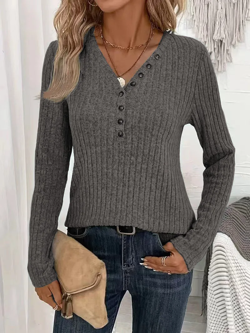 2025, grenzüberschreitendes europäisches und amerikanisches Damen-Strickhemd in reiner Farbe, lässig, langärmelig