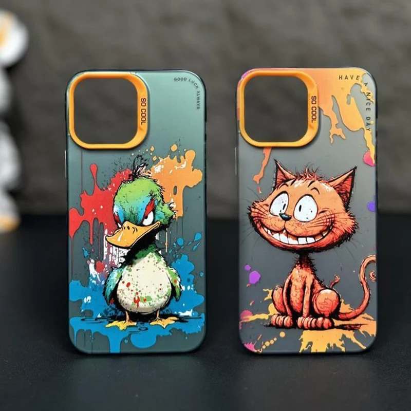 New Fashion Graffiti Painted iPhone Case for 14 Pro Max 13 12 Cartoon Animal Matte Laser Metal Electroplated Soft Silicone Case