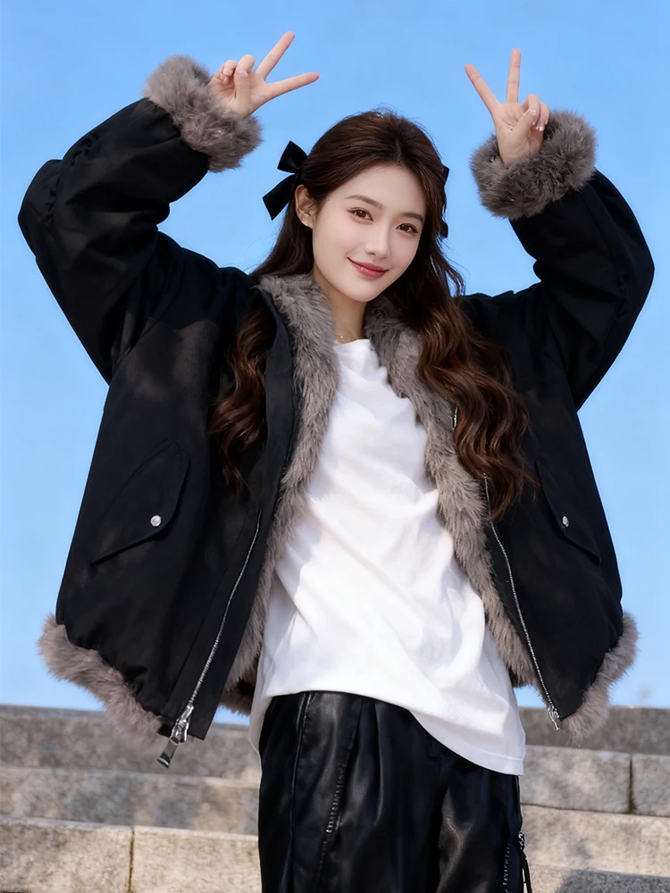 

Новая женская зимняя свободная куртка из американской кожи с флисовой подкладкой и мехом, утепленная, 2025 год