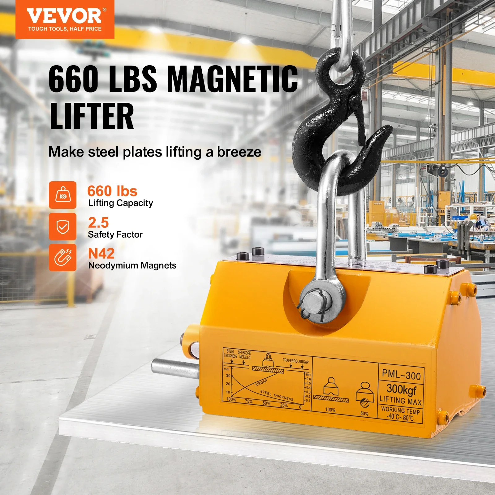 VEVOR 100KG-2000KG Permanent Magnetic Lifter Pulling Capacity 2.5 Safety Factor Neodymium & Steel Lifting Magnet Lift Magnets