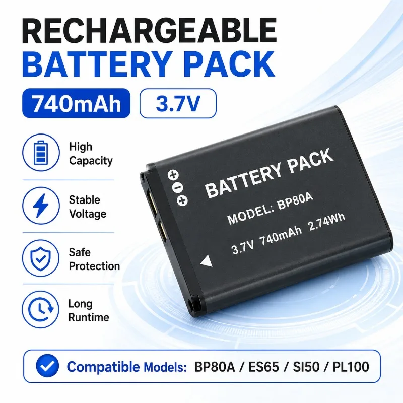 740MAh Long-lasting Battery Life Suitable for SAMSUN BP80A ES65 SI50 PL100 3.7V Perfectly Compatible with Digital Camera Battery