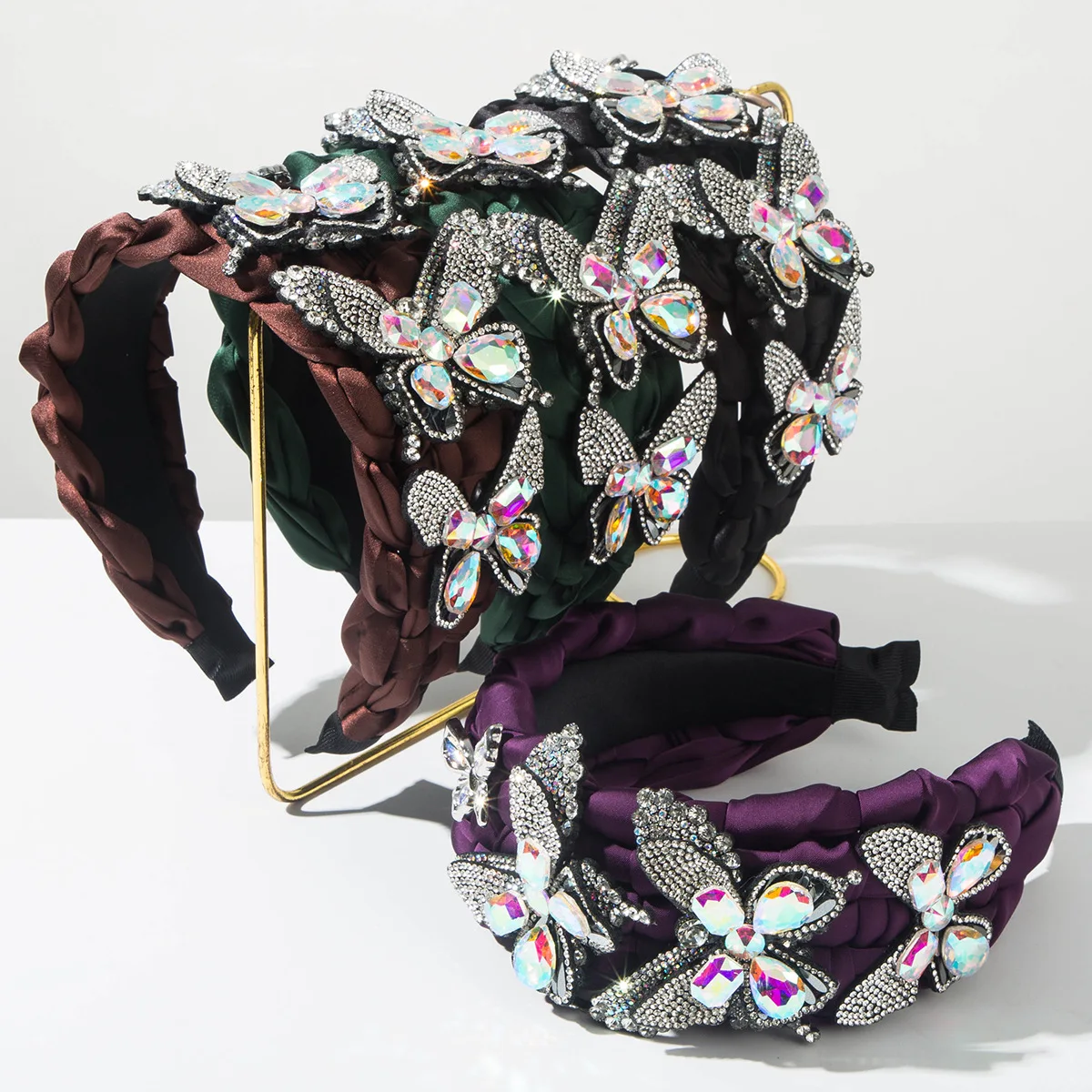 

Новинка 2026: Плетеная повязка на голову с бусинами и бриллиантами в виде бабочки, хрустальные элитные аксессуары для волос для женщин, оптом