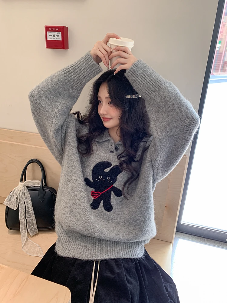 

Thiened Embroidered Collar Sweater Women's Winter New Sle Korean Lazy Sle Top Mixd Brand Commute Sle Loose Fit
