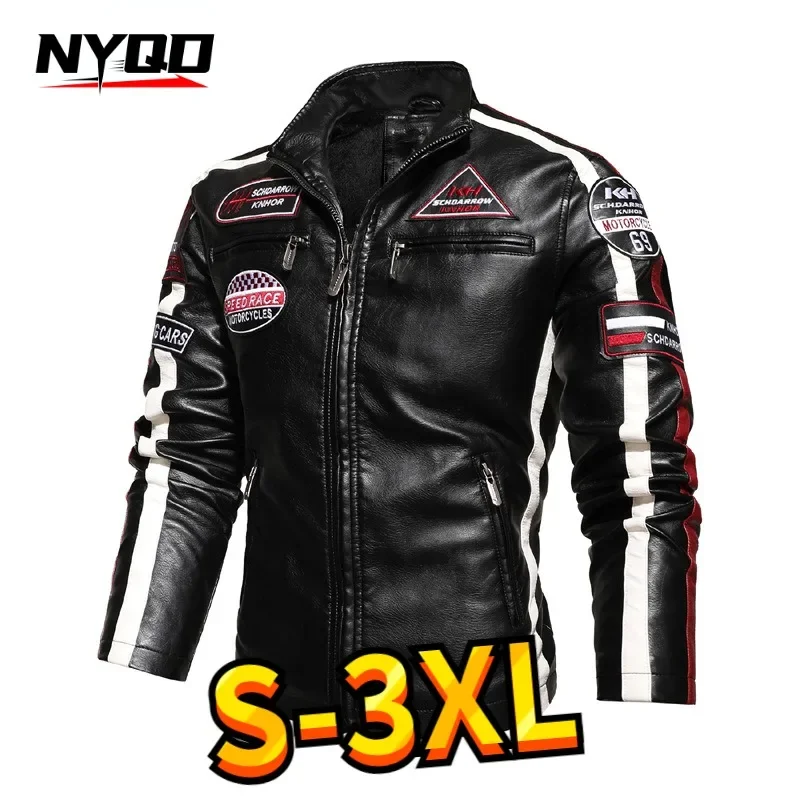 

Europe and The United States New Men's Motorcycle Racing Suit Leather Plus Fleece Thin Color Jacket Winter Jacket Men