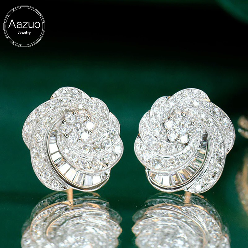 Aazuo 18K White Gold Real Diamonds Luxury Jewerly Set Flower Stud Earrings Gifted For Women  Engagement Halo anillos mujer Party