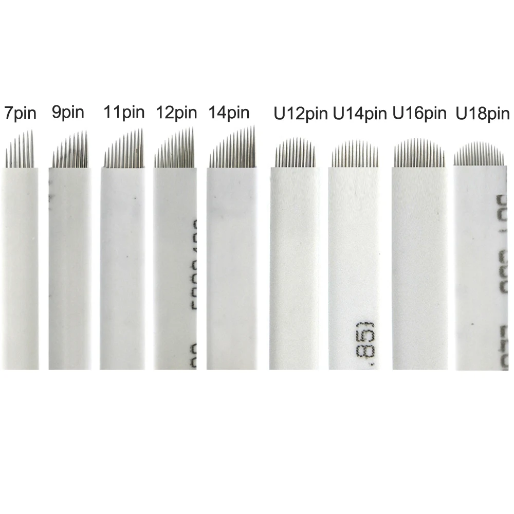 

White 500pcs disposable sterilized microblading blade needle 7/9/11/12/14/16/12U/14U/16U/18U pin permanent makeup embroidery pen