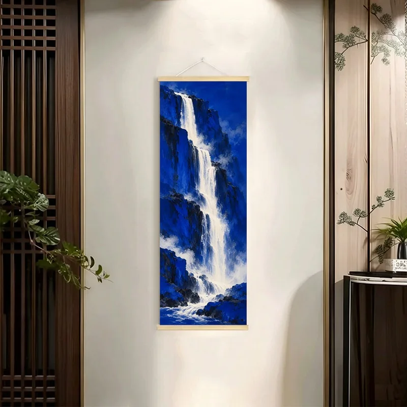 Mountains Waterfall and Winding River Hanging Scroll with Dramatic White and Blue Landscape Imagery for a Living Room