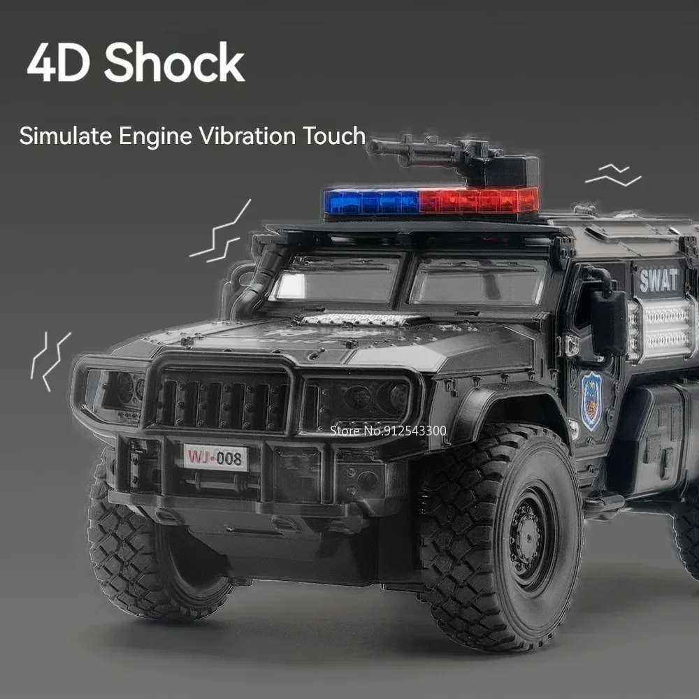 Modelo de carro blindado swat, escala 1:32, brinquedo, motor 4d, absorção de choque, puxar para trás, modelos de veículos fundidos, som, luz, presente para crianças