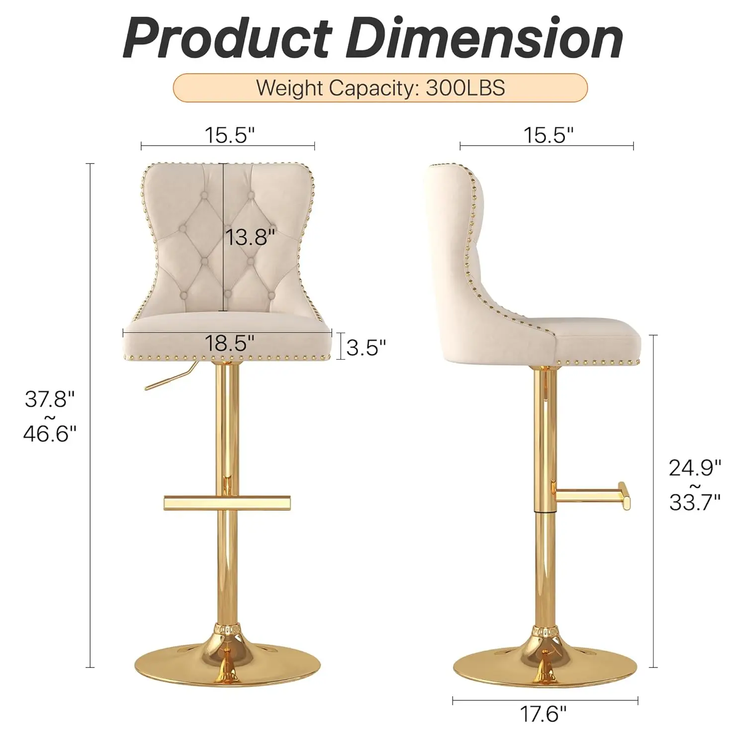 Juego de 4 Taburetes de Bar Giratorios de Terciopelo con Respaldo Acolchado y Tachuelas, Base Dorada, para Cocina o Bar, Personalizables