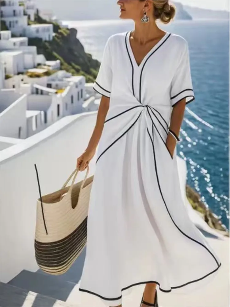 Mulher boho vestido solto listrado impressão dobras maxi vestidos 2025 primavera verão casual decote em v manga curta férias praia vestido longo