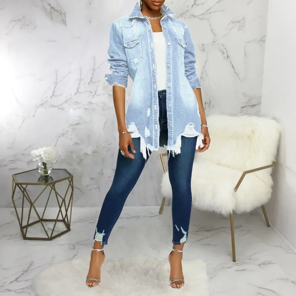 

Lady's Denim Jacket Autumn Long Sleeve Loose Sexy Women Jean Coats Summer Washed Ripped Fashion Hole Denim Outwear