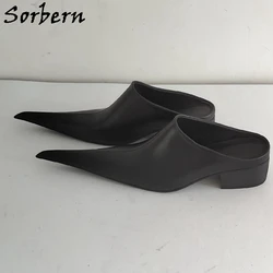 Sorbern Cow Leather Women Mules 5Cm Low Heel Pump Shoes Long Pointed Toe Slip On Size 35-43 Unisex Style Shoe Custom Colors