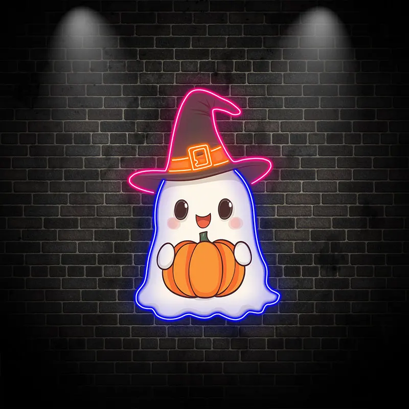 Cute Ghost with Pumpkin and Witch Hat Neon Light, LED Halloween Decor for Kids, Indoor Spooky Party, Home Fun Festive Light Sign