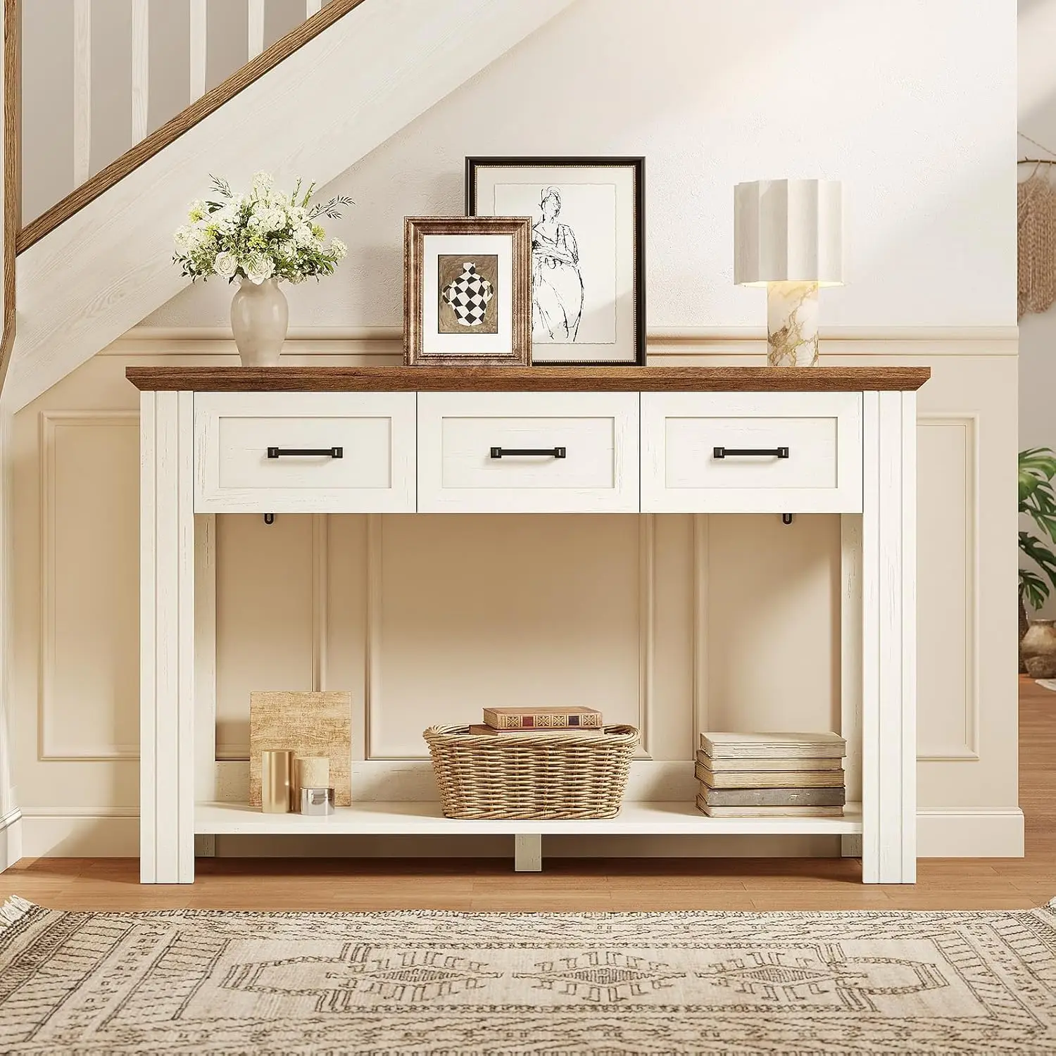 47" Farmhouse Console Table with 3 Drawers & Open Shelf, Rustic Entryway Sofa Table for Living Room & Hallway, Customized image 4