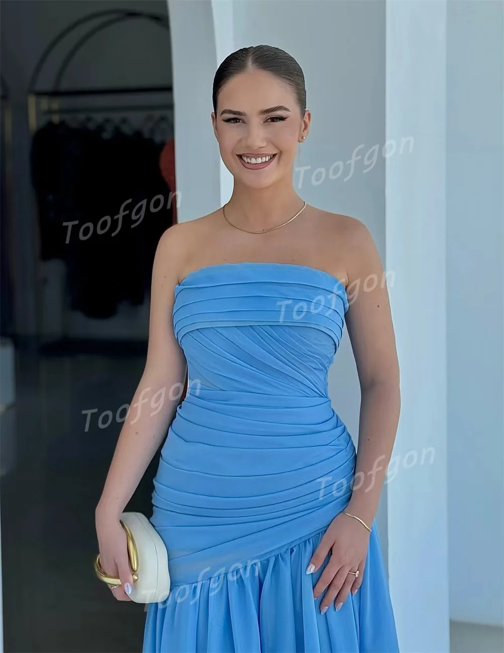 Toofgon Strapless Blue Chiffon Prom Dresses Long A Line Pleats Elegant Formal Occasion Dresses Dubaï De Soirées Customized