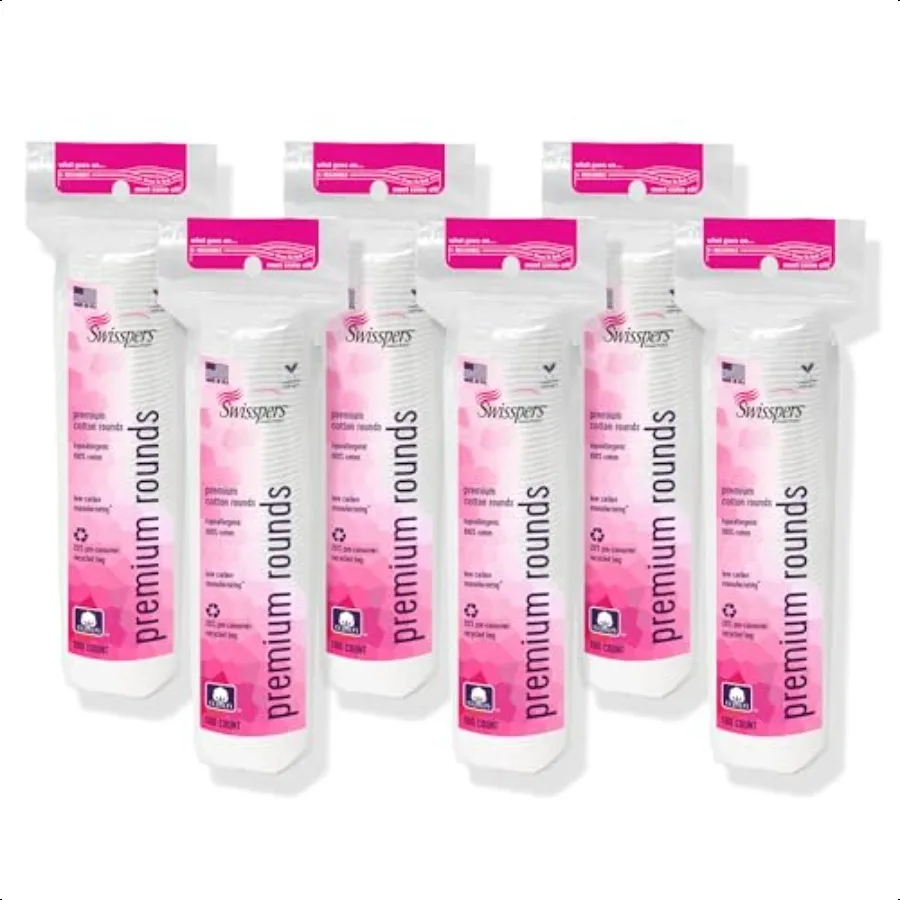 Swisspers Premium Cotton Rounds 100 Count Pack of 6 100 Pure Cotton Soft Absorbent Hypoallergenic Pads for Makeup Removal Skinc