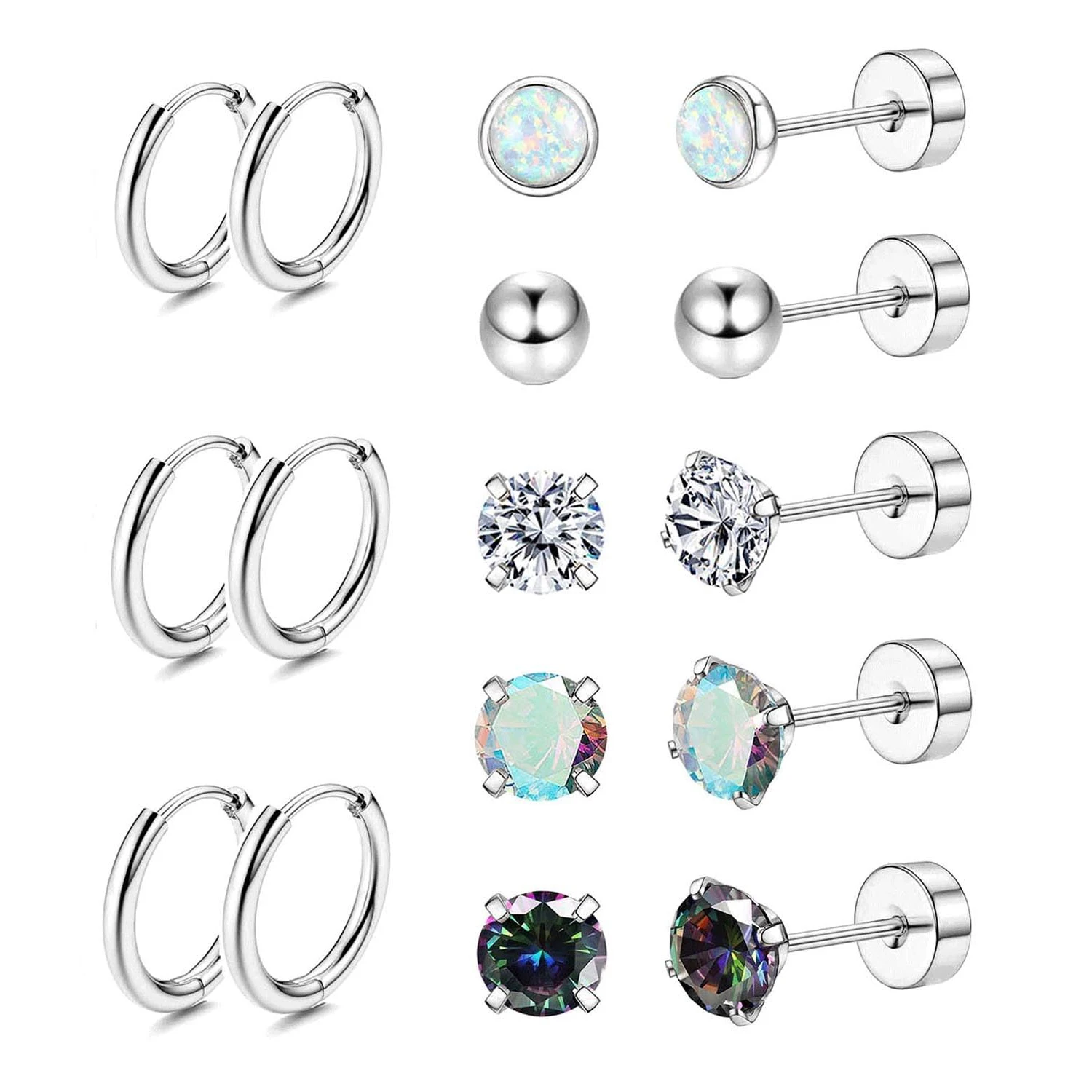 

8 Pairs Surgical Stainless Steel Small Opal Ball CZ Falt Back Cartilage Earring Stainless Steel Stud Hoop Earrings for Women Men