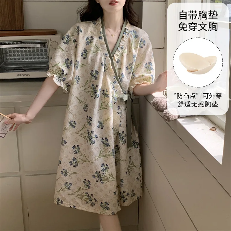 Summer Loose Kimono Robe Floral Pajamas Dress Pregnant Women Nightgown Short Sleeved Postpartum Breastfeeding Nursing Clothes