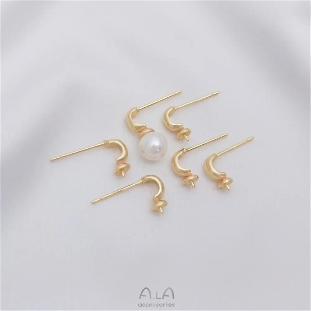 14K gold plated small C-shaped half hole pearl earrings 925 silver needle diy adhesive crystal pearl hollow earrings