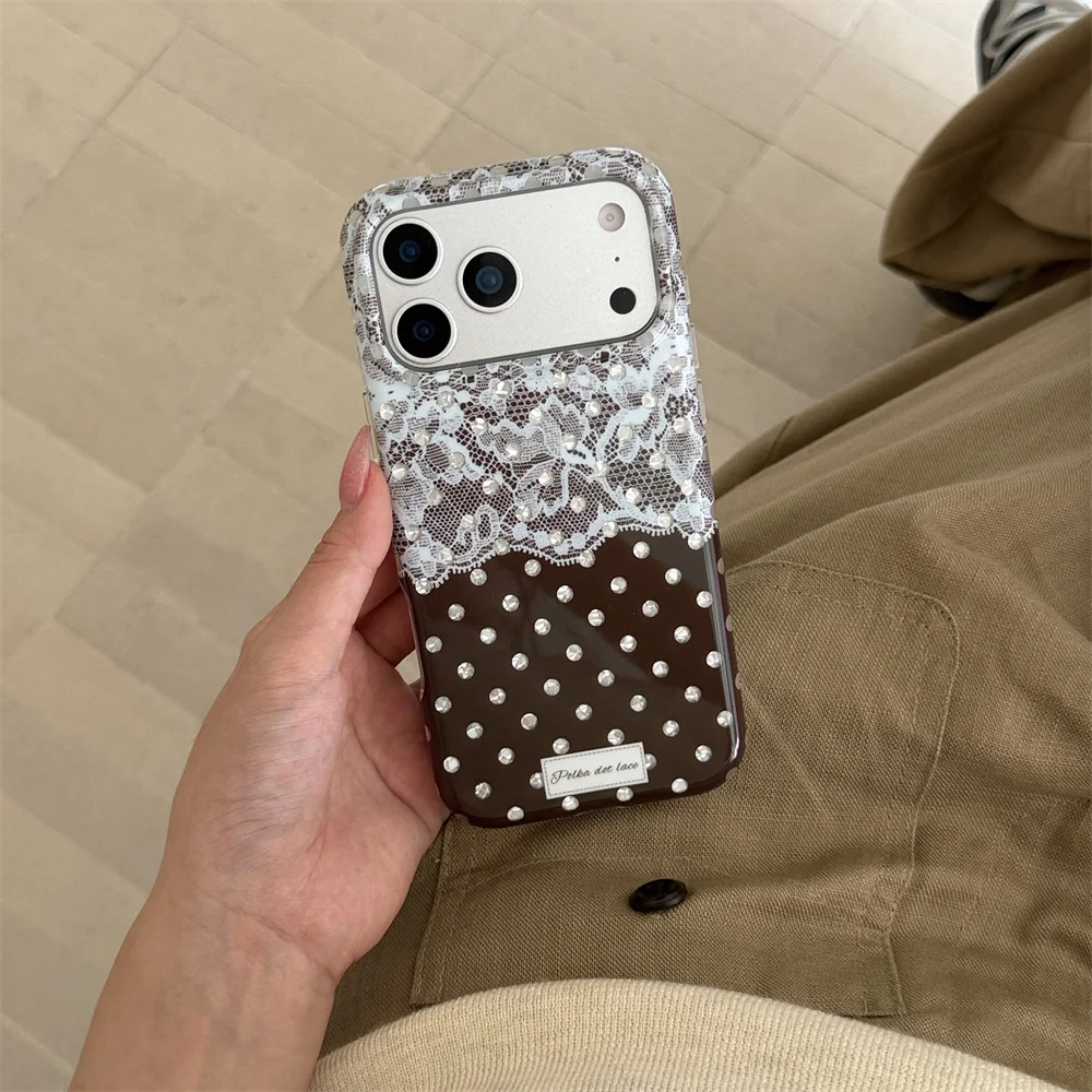 Vintage Lace Polka Dot Phone Case For iPhone 17 16 15 Pro Max French Retro Brown White Shockproof Soft Protective Back Cover