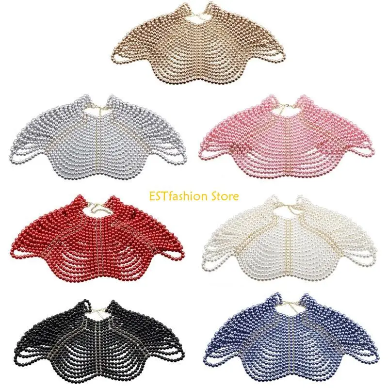 

Y5GC Exquisited Chest Chain Imitation Pearls & Tassels Layered Necklace Beaded Shawl
