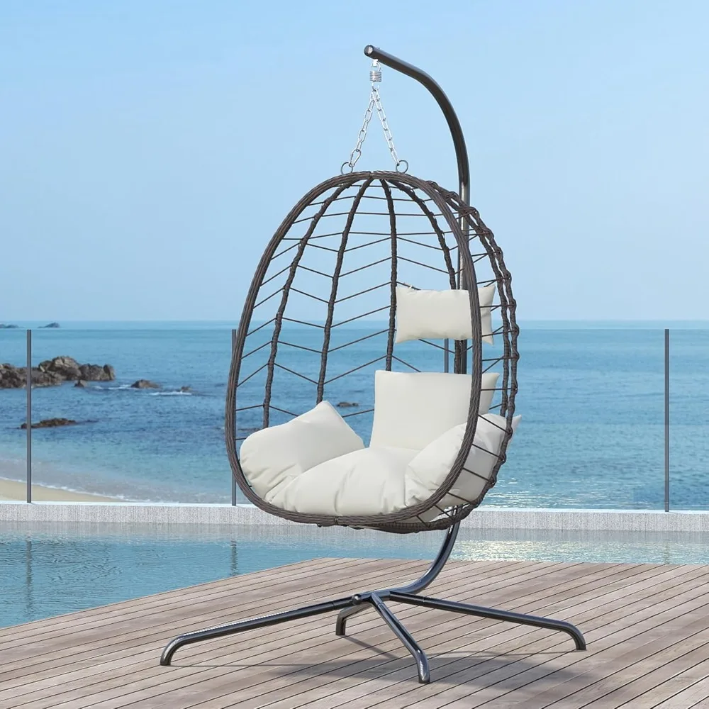 

indoor/outdoor hanging egg chair with cushion and stand, swinging basket chair for patio, wicker hammock chair set