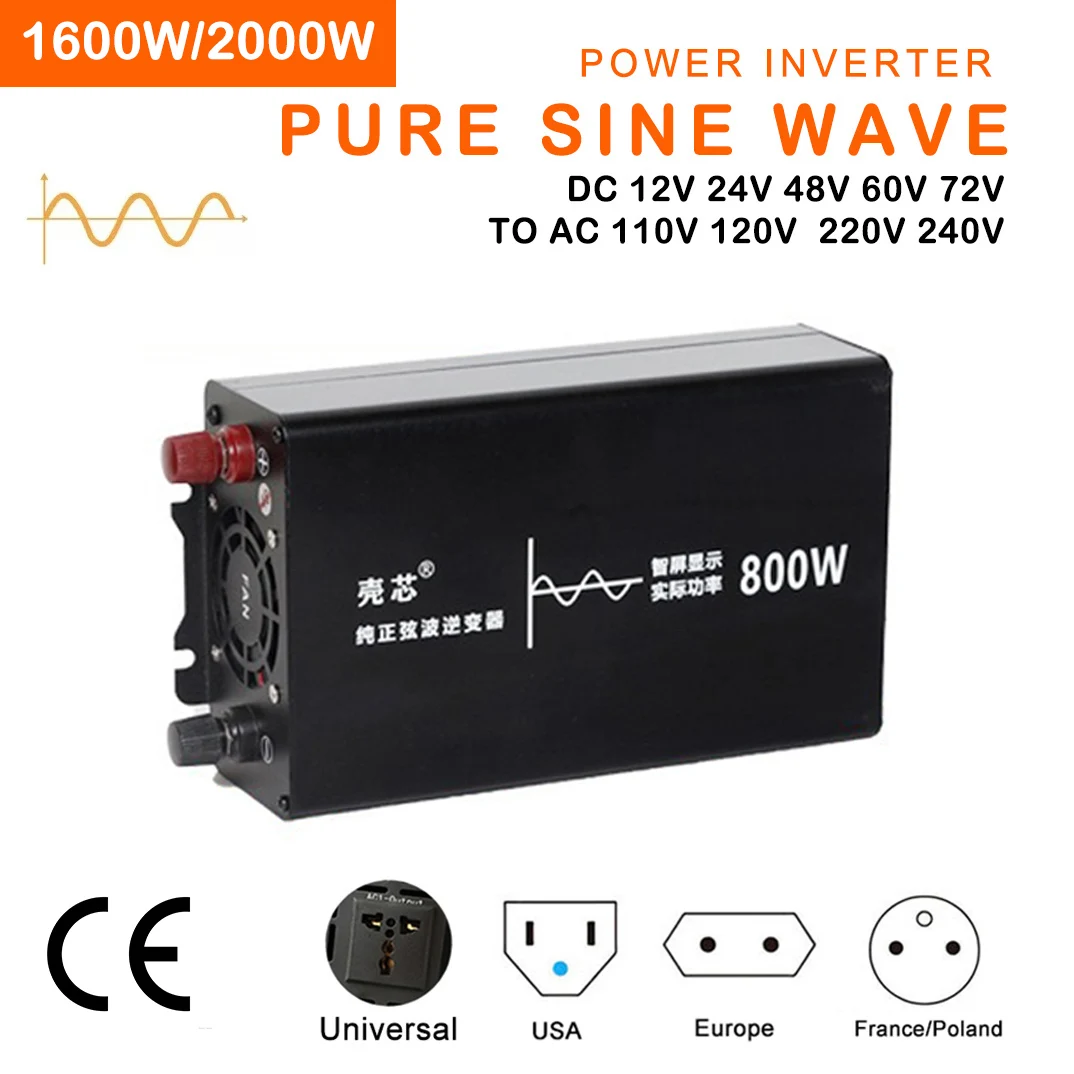 

Pure Sine Wave Car Inverter 1600W 2000W Transformer, Power Converter 12V 24V 48V 60V 72V to AC 110V 220V 50Hz 60Hz Inverter