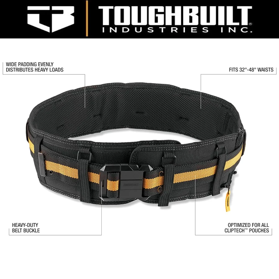 ToughBuilt TB-CT-41P Cinto acolchoado para profissionais, fivela de aço, fivela resistente, suporte traseiro para cintura saco clip, Tech Hubs