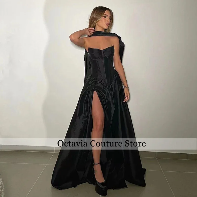 Black Sleeveless Evening Dress Ruched High Split Prom Dresses Elegant Customized With Cape Plus Size Formal Party Gowns
