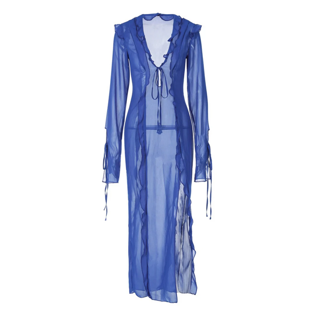 Langes Kleid mit tiefem V-Ausschnitt und hohem Schlitz, Rüschen, Strand-Cover-Up, Bikini-Cover-Up, Strandkleid, Strandmode, Damen V4440 – Detail 13