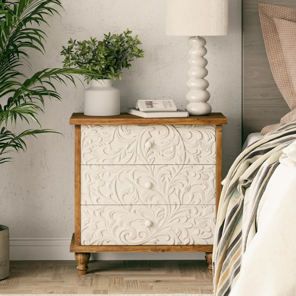 خزانة مزرعة مكونة من 3 أدراج مع عزر زهور منقوشة، منضدة عتيقة لغرفة النوم، مجمعة بالكامل تقريبًا