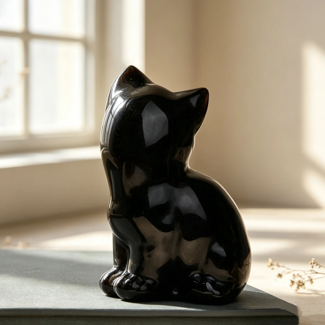 1PC Natural Black Obsidian Turning Back Cat Statue Handmade Crystal Animal Carving Reiki Healing Ornament
