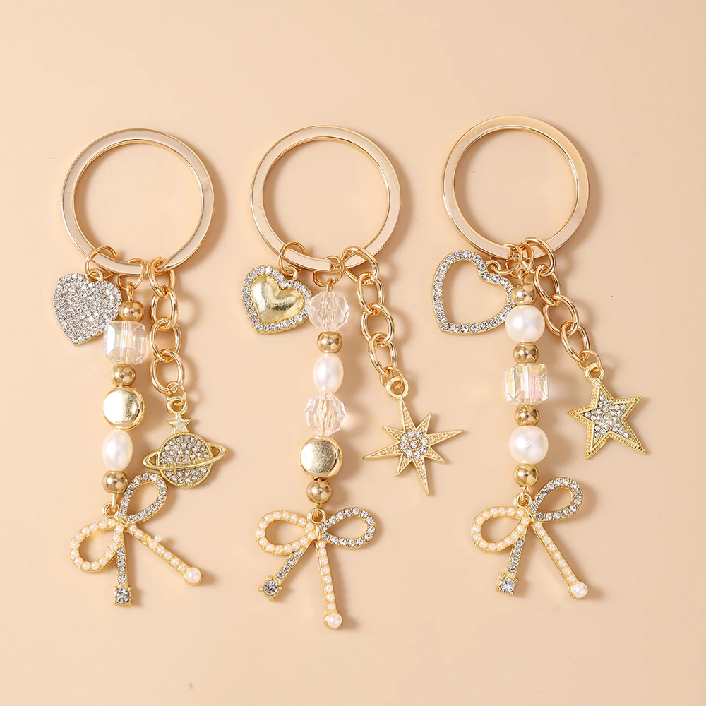 Aihua Exquisiter Schlüsselanhänger in Goldfarbe mit Herz, Stern und Schleife für Damen und Mädchen, Handtaschenanhänger, Dekoration, handgefertigter Schmuck, Geschenke – Detail 4