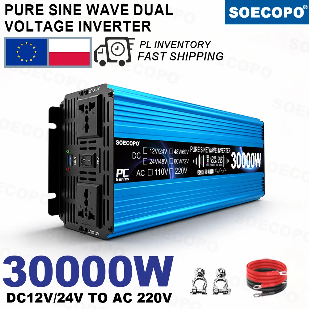 SOECOPO Notstromversorgung 30000W Hocheffizienter Reiner Sinuswellen-Solarwechselrichter, Multi-DC-Spannung 12V/24V zu AC 220V Dual-Spannungswandler, Polnischer Lagerbestand Schneller Versand für