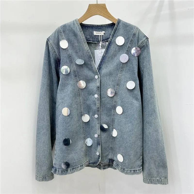 [ZOCI] Sparkle versatile loose top autumn new shoulder padded denim jacket women's clothing