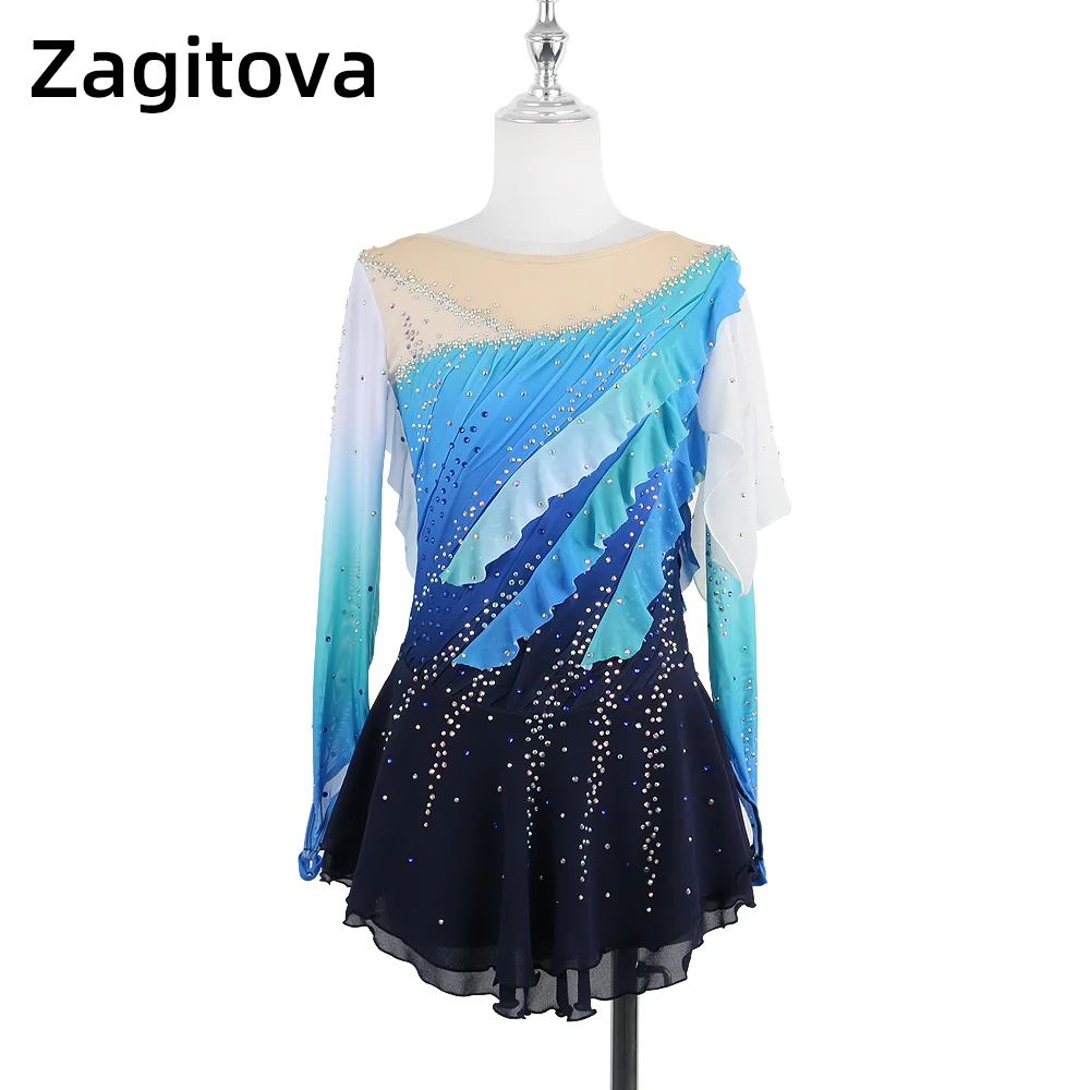 ZAGITOVA Figure Skating Dress Women Girl Performance Rhythmic Gymnastics Competition Ice Skating Skirt Gradient Blue Mesh Skirt