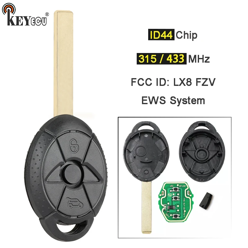 KEYECU 315/ 433MHz ID44 Chip EWS System FCC ID: LX8 FZV Remote Car Key Fob 3 Button for BMW Mini Cooper 2005 2006 2007