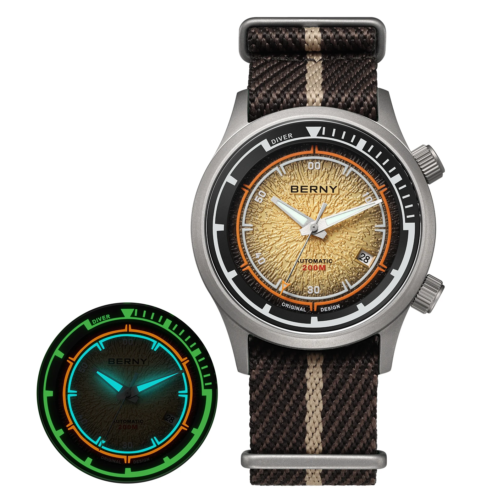 BERNY Herren-Taucheruhren, Titan, automatisch, mechanisch, superleuchtend, Herren-Taucheruhr, Saphirglas, 200 m wasserdicht, Sporttauchen